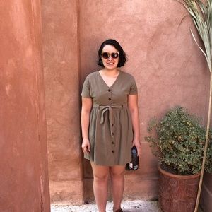 V Neck Short Sleeve Dress Button Down Mini Dress with Tie Belt